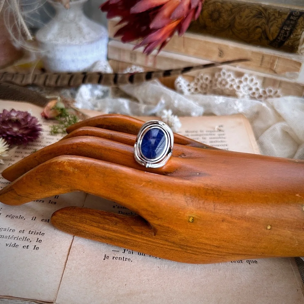 Vintage Sterling Silver Lapis Lazuli & Chrysoprase Spinner Bezel Ring Size 7.75 - Picture 5 of 14